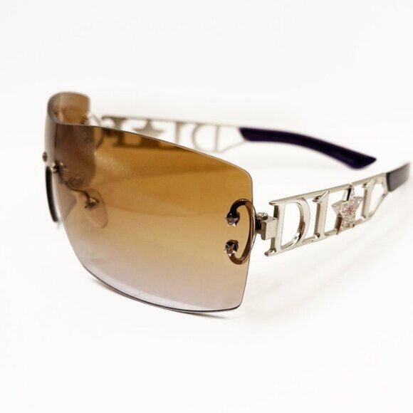 💜 RARE Vintage DIOR Diorlywood Rimless Swarovski Crystal Sunglasses Brown Y2K - Picture 2 of 9